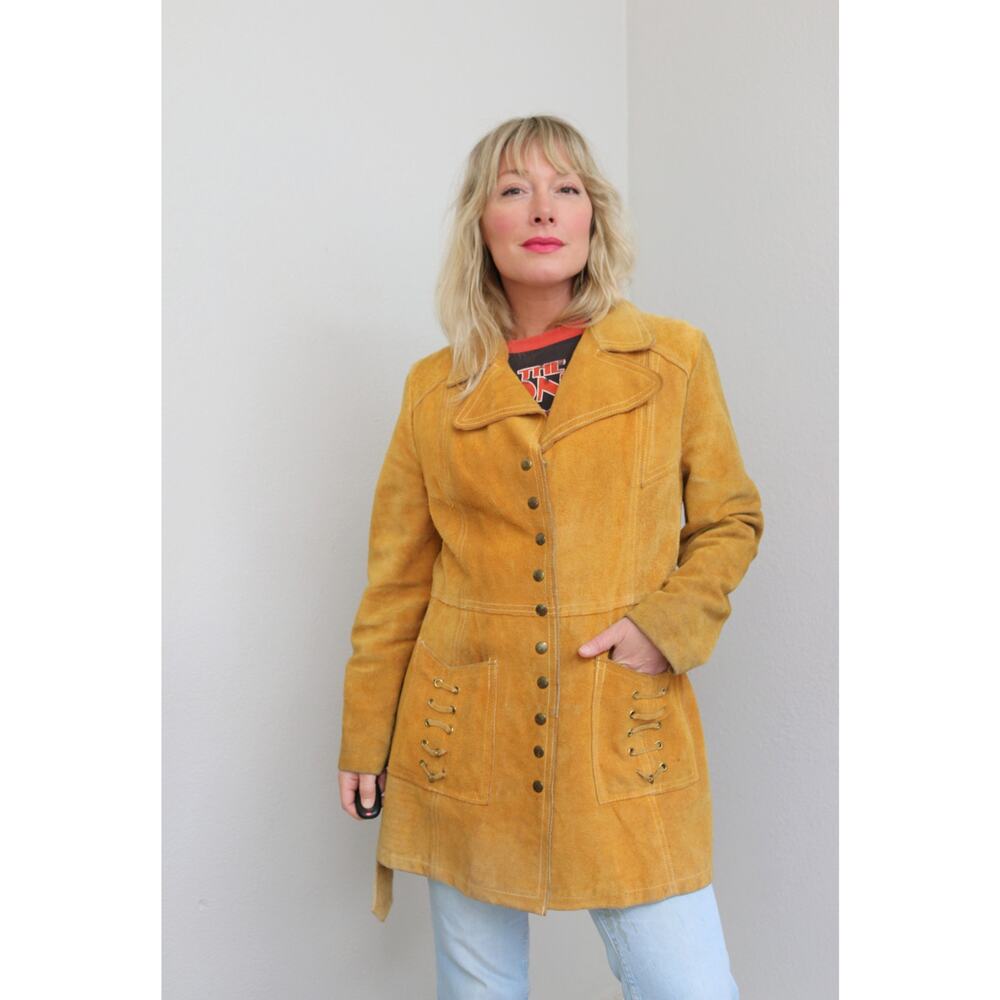 1960's Vintage Rough Mustard Suede Leather Jacket ~ Women's MD LG ~ Men's MD - Picture 5 of 10